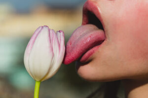 A woman seductively licking a tulip as illustration to this week's prompt 'oral sex'